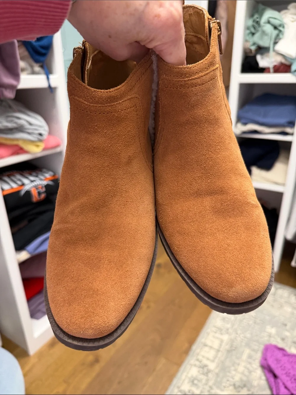 Vionic Chestnut Suede Ankle Booties with Shearling Trim